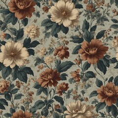 A vintage-inspired floral wallpaper design in muted tones.