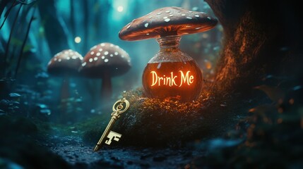 A mysterious Wonderland scene with a glowing "Drink Me" bottle, a golden key resting on a mushroom, and misty forest surroundings.