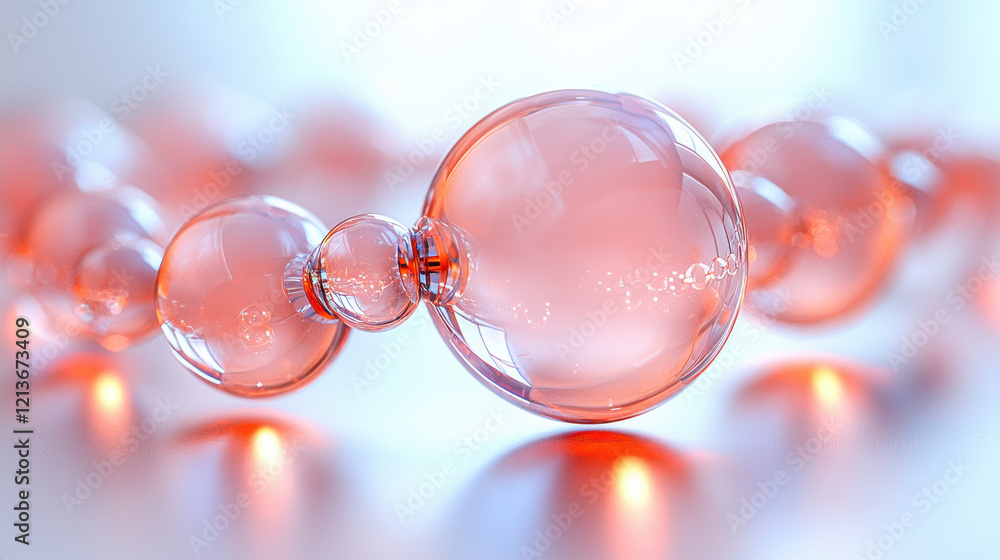 Poster Translucent pink bubbles create visually appealing pattern on soft background, evoking sense of lightness and fluidity. arrangement suggests connection and flow