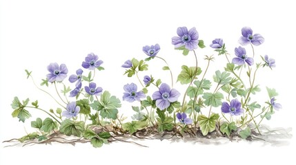 Obraz premium A natural arrangement of Anemone hepatica, featuring clusters of delicate blue-violet flowers and fresh green leaves, set against a white backdro