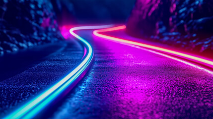 Fototapeta premium Vivid neon lights illuminate a winding road through a dark rocky corridor at night, creating a surreal and captivating atmosphere