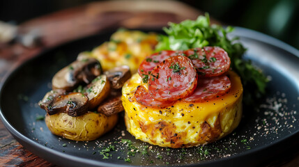 Savory breakfast plate featuring omelet, potatoes, and fresh greens with herbs in a cozy setting