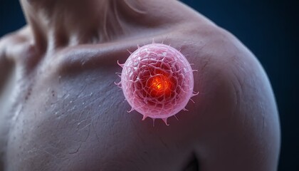 Fototapeta premium Microscopic View of a Glowing Cancer Cell on Human Skin, Detailed 3D Medical Illustration for Healthcare and Scientific Research