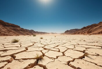 Fototapeta premium Cracked Desert Landscape: Arid Serenity Under a Vivid Blue Sky