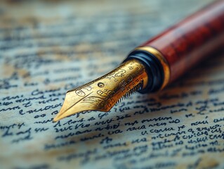 Gold fountain pen on old handwritten letter