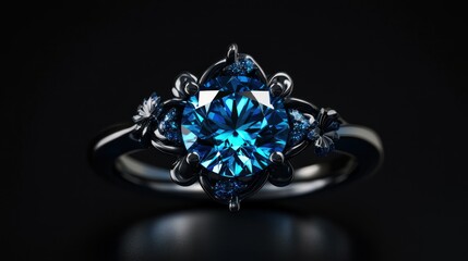 Fototapeta premium A realistic blue diamond with vivid brilliance and depth, surrounded by a soft glowing light ring on a polished black background