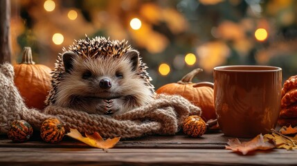 Cozy Autumn Scene with Hedgehog and Pumpkins on a Wooden Table