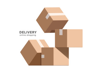Parcel boxes or cardboard boxes are stacked one on top of the other for delivery or online shopping advertising design, vector 3d illustration isolated on white background