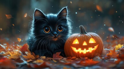Cute Black Cat with Big Eyes Resting by Carved Pumpkin and Autumn Leaves Halloween Illustration
