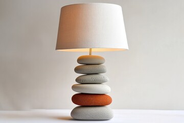 A decorative lamp with a stack of painted rocks as the base and a white lampshade.