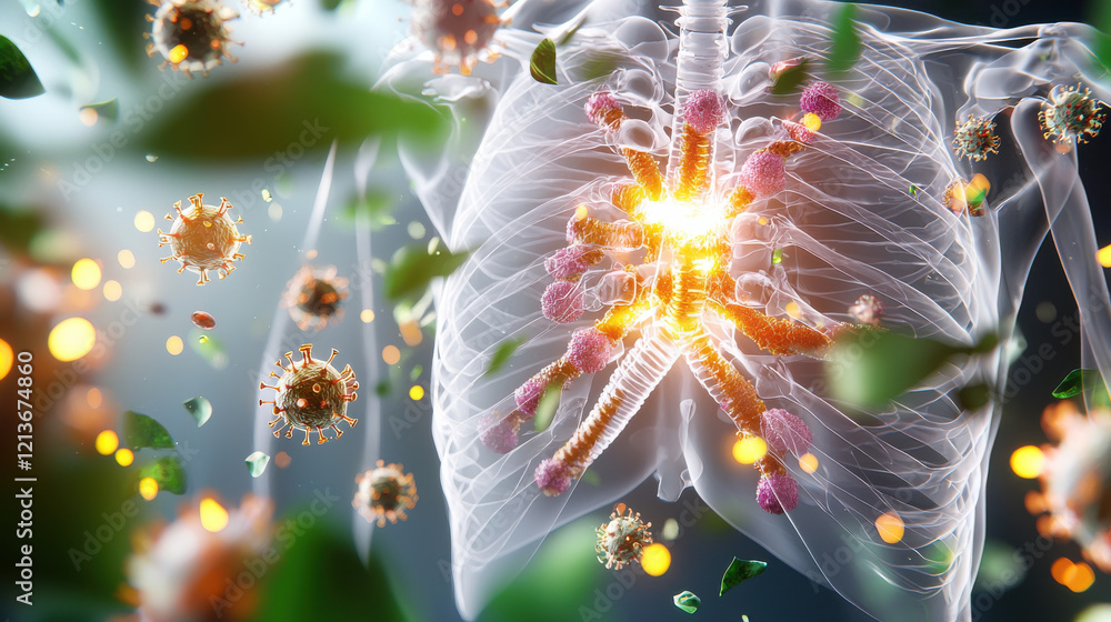 Aufkleber 3d rendered depiction of virus activity in human lungs, showcasing infection and immune response. im