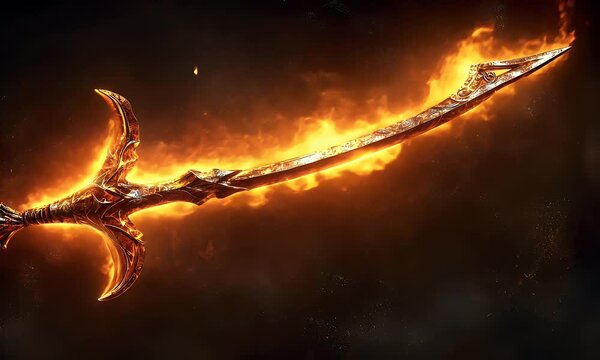 A fiery, ornate sword with intricate designs, emanating flames and light.