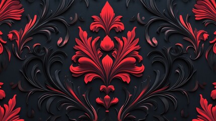 Damask seamless pattern for the luxury wallpaper market red elements on a black background.