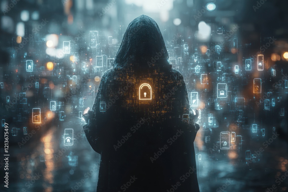 Poster hacker in black hoodie holding digital padlock with security icons in futuristic style