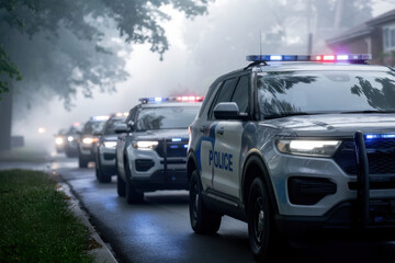 Fototapeta premium Police SUVs speeding through a suburban area shrouded in morning mist