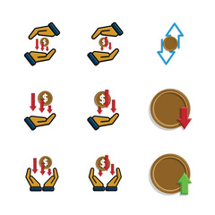 coin icon. money in hand. money management vector, business and finance icon, showing continuous movement. flat color design style