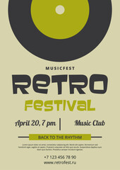 Retro flyer template for music festival. Minimalist banner with flat vinyl record and typography. Soft pastel colors.Vector illustration for advertising music festivals,jazz nights,nostalgic gathering