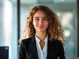 Fototapeta premium Professional business portrait of confident woman in office setting natural lighting empowerment theme