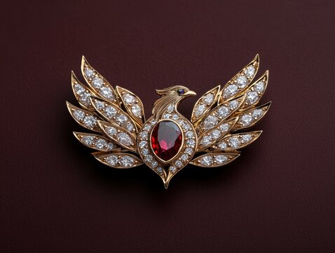 Gold phoenix brooch with ruby and diamonds
