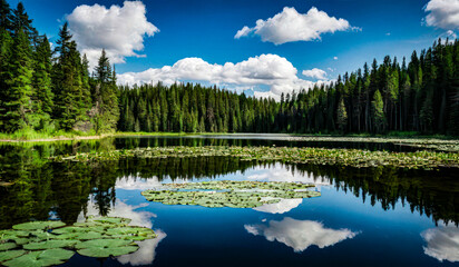 Enchanting Scene of a Verdant Forest Pond with Lily Pads and Bright Wildflowers