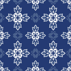 Damask vintage seamless pattern with decorative flowers in blue and white colors. Design for carpet, curtains, tiles, wallpaper, ceramic pottery, and clothing.