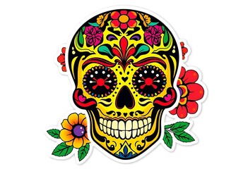Vibrant Yellow Sugar Skull with Floral Design: A Day of the Dead Artwork