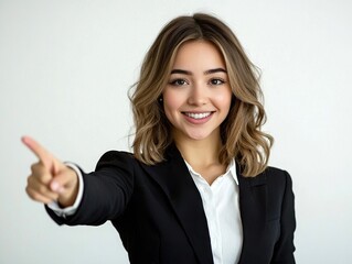 Fototapeta premium Empowering presentation gesture by confident businesswoman in professional attire studio environment close-up view