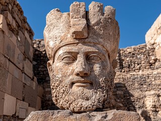 Obraz premium Ancient stone head sculpture of a king with a beard and crown