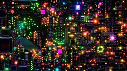 Obraz premium A visually dynamic image of a motherboard, with glowing circuits, intricate pathways, and scattered digital data points in vibrant clarity