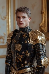 Portrait of a young man in ornate gold and black armor