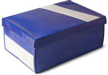 close-up of blue rectangular cardboard box or shoe box isolated white background, blank label on one side, mock-up template