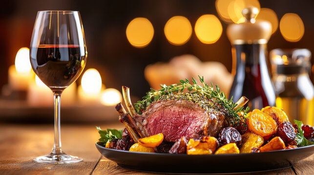beautifully composed shot of herb crusted rack of lamb served with roasted vegetables and glass of red wine, creating warm and inviting dining atmosphere
