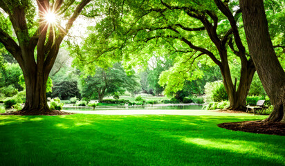 Fototapeta premium Gentle sunlight filters through lush leaves painting peaceful reflections across the grass