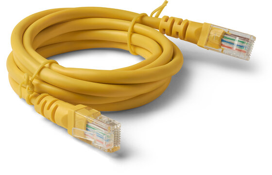 close-up of yellow ethernet cable with two rj45 connectors on both ends coiled up isolated white background, used for wired connections in computer network