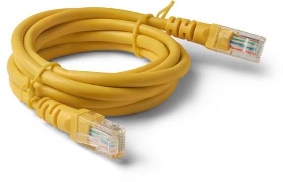 close-up of yellow ethernet cable with two rj45 connectors on both ends coiled up isolated white background, used for wired connections in computer network