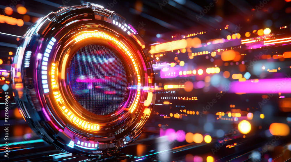 Poster futuristic 3D visualization featuring glowing circular design with vibrant colors and dynamic light patterns, creating sense of motion and technology