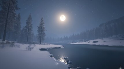 Serene winter night scene with full moon reflecting on a snow-covered river.