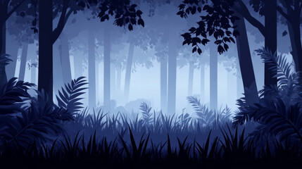 Misty forest with dense foliage and trees