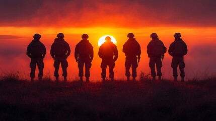 Silhouetted soldiers watching sunset.