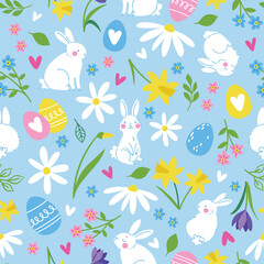 Cute hand drawn seamless pattern. Bunnies, Easter eggs and flowers. Happy Easter design for textiles, banners, wallpapers, wrapping.
