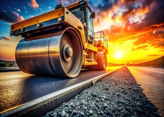 Asphalt Roller Closeup, Road Construction, Paving Wheel, Heavy Machinery, Texture, Detail, Hot Asphalt, Roadworks, Construction Equipment