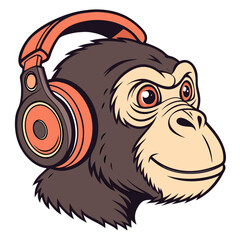 Obraz premium Monkey head with headphones vector art illustration.