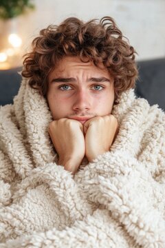 Young person with swollen cheeks resting under cozy blankets in a living room during an epidemic parotitis outbreak