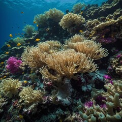 Obraz premium An underwater coral reef scene featuring flower-like anemones.
