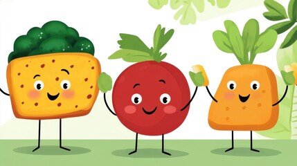 Fototapeta premium Cartoon vegetables smiling in a playful and colorful illustration