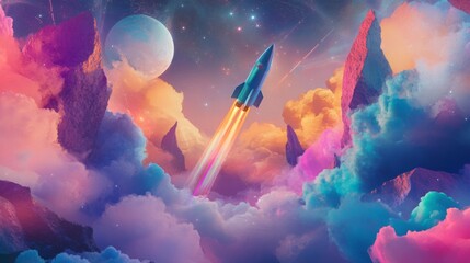 A blue and white rocket soars through a vibrant sky filled with fluffy clouds and wispy streaks