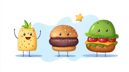Naklejka premium Cute Cartoon Characters of Pineapple, Burger, and Salad Sandwich