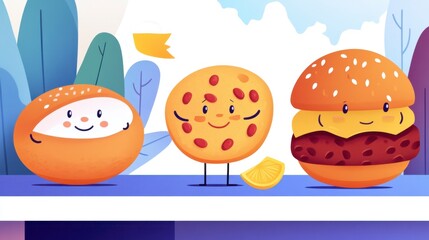 Whimsical Cartoon Food Characters with Smiling Faces and Colors