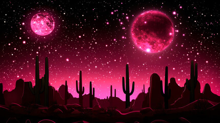 Fototapeta premium Desert landscape with pink moons and stars