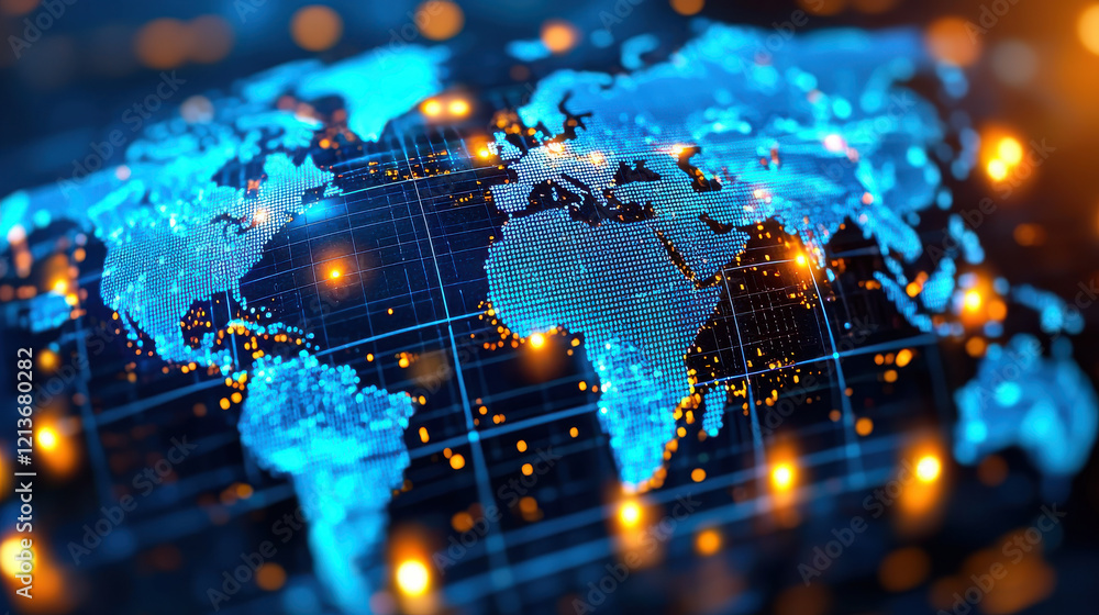 Poster digital world map with glowing blue dots and lines, representing global connectivity and technology. vibrant colors create modern and dynamic feel